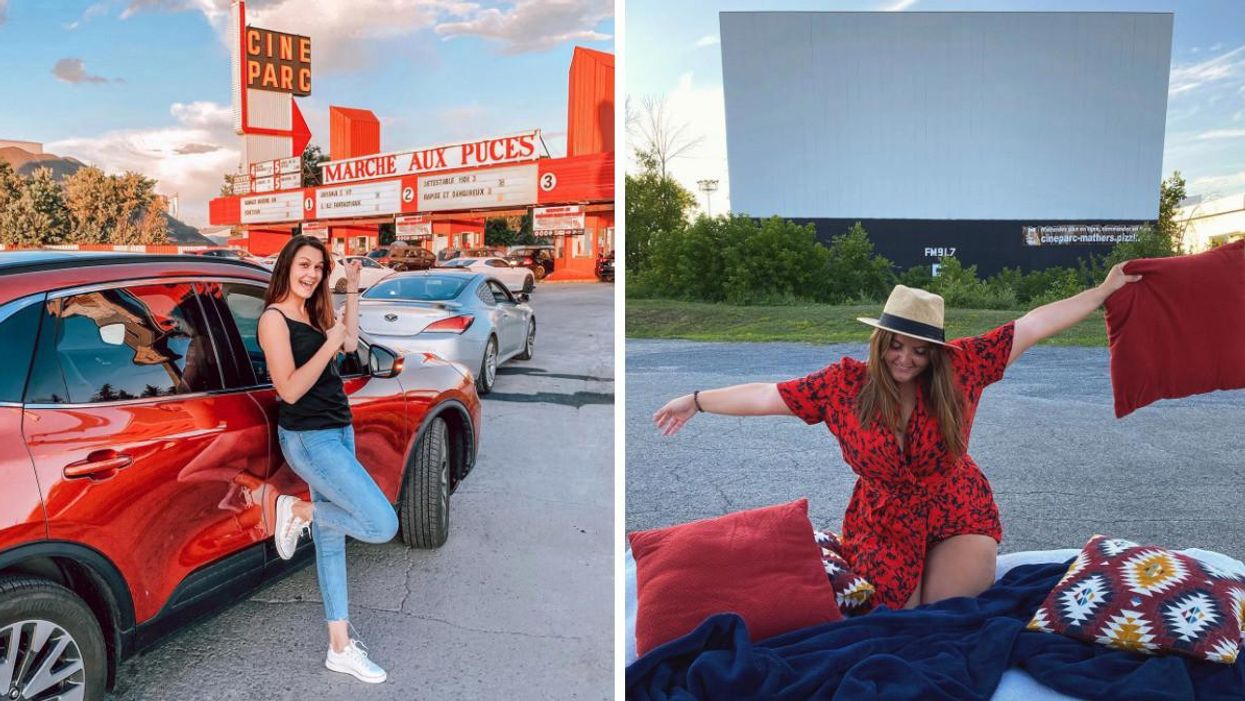 Jeune femme devant le Ciné-Parc St-Eustache. Droite : Jeune femme devant un écran du Ciné-Parc St-Eustache.