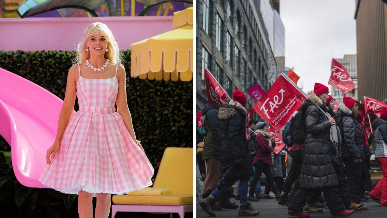 Jeune femme portant une robe rose et blanche et se tenant devant un toboggan rose. Droite : Manifestants dans la rue tenant des pancartes rouges.