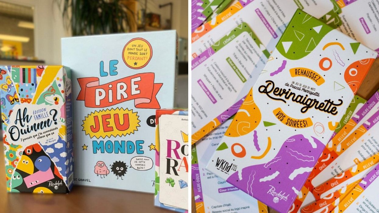 Jeux de société québécois : Ah ouinnn? et Le pire jeu du monde. Droite : le jeu Devinaigrette.