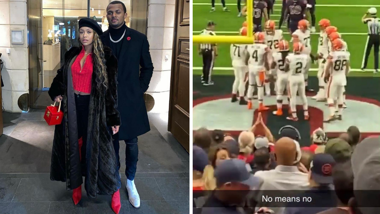 Jilly Anais in a red shirt and Deshaun Watson in a black jacket. Right: The viral TikTok of fans yelling at Watson.