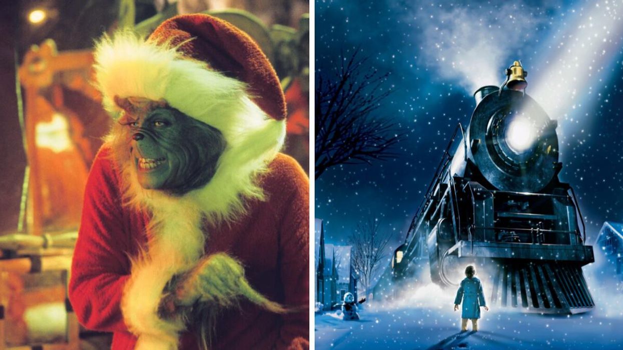 Jim Carrey in 'How The Grinch Stole Christmas.' Right: Train from 'The Polar Express.'
