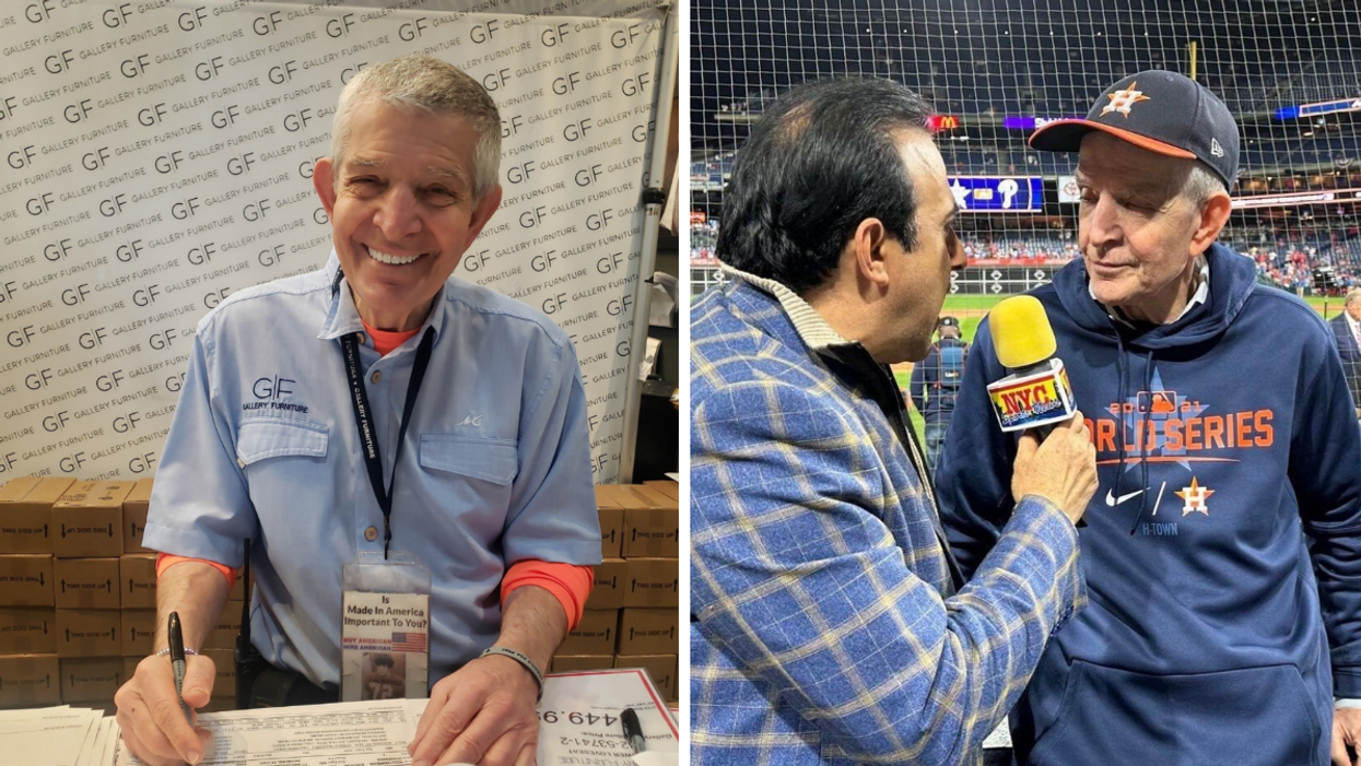 Jim McIngvale in a blue shirt. Right: Mattress Mack being interviewed after a World Series game in Philadelphia, PA.