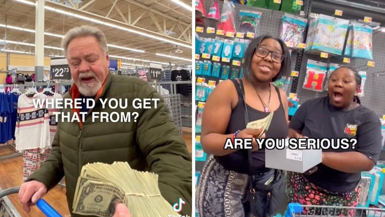Jimmy Darts handing a man in Walmart $500 after "squeezing his cheeks like a Grandpa." Right: Two people who won $500 after opening a box that Darts dared them to open.
