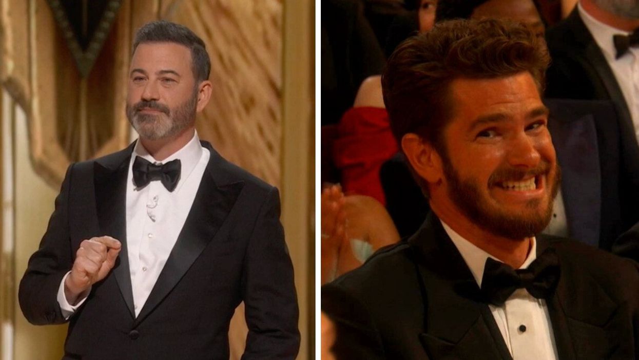 Jimmy Kimmel hosting the 2023 Oscars. Right: Andrew Garfield at the Academy Awards.