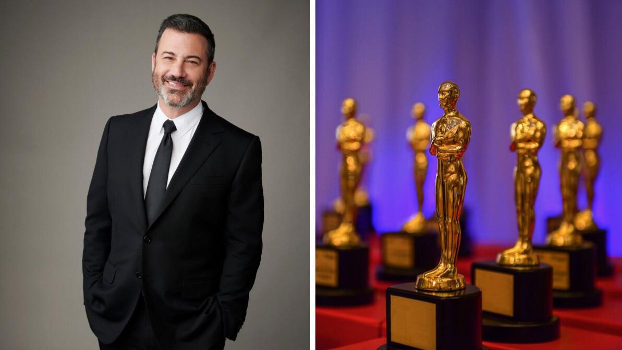 Jimmy Kimmel. Right: Group of Oscar statuettes.