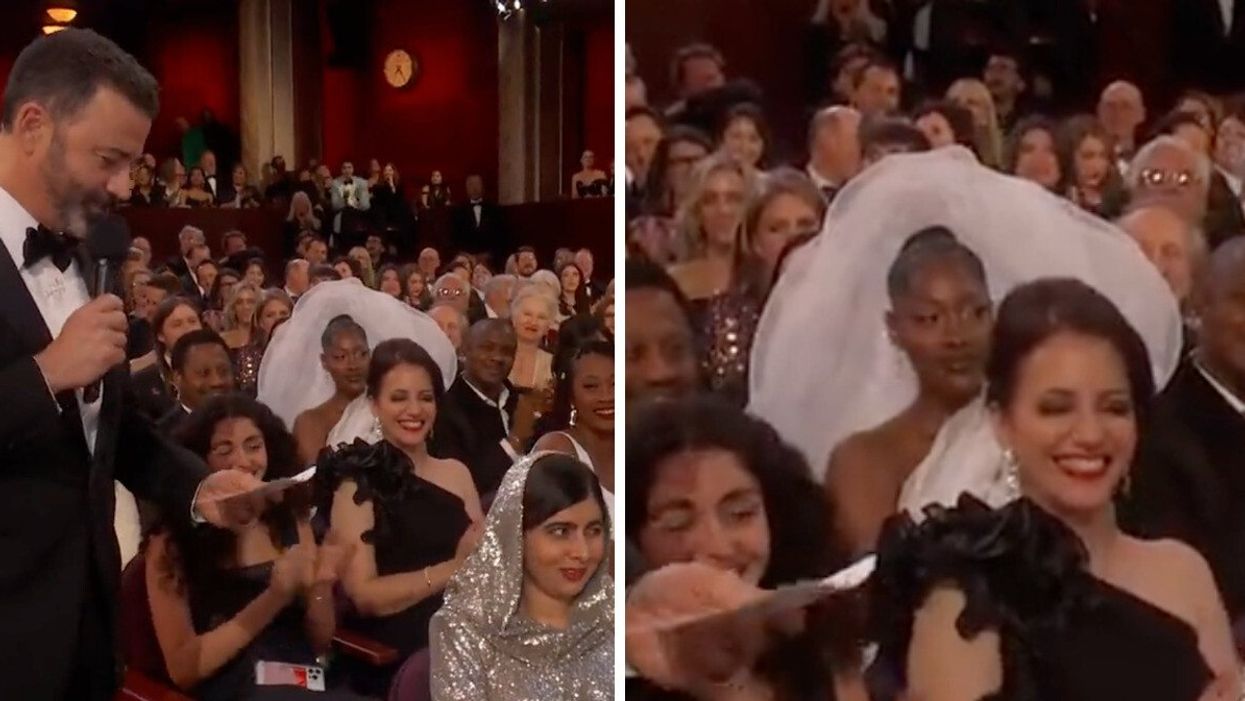 Jimmy Kimmel speaks to Malala Yousafzai at the 2023 Oscars. Right: A woman in a giant dress at the Oscars.