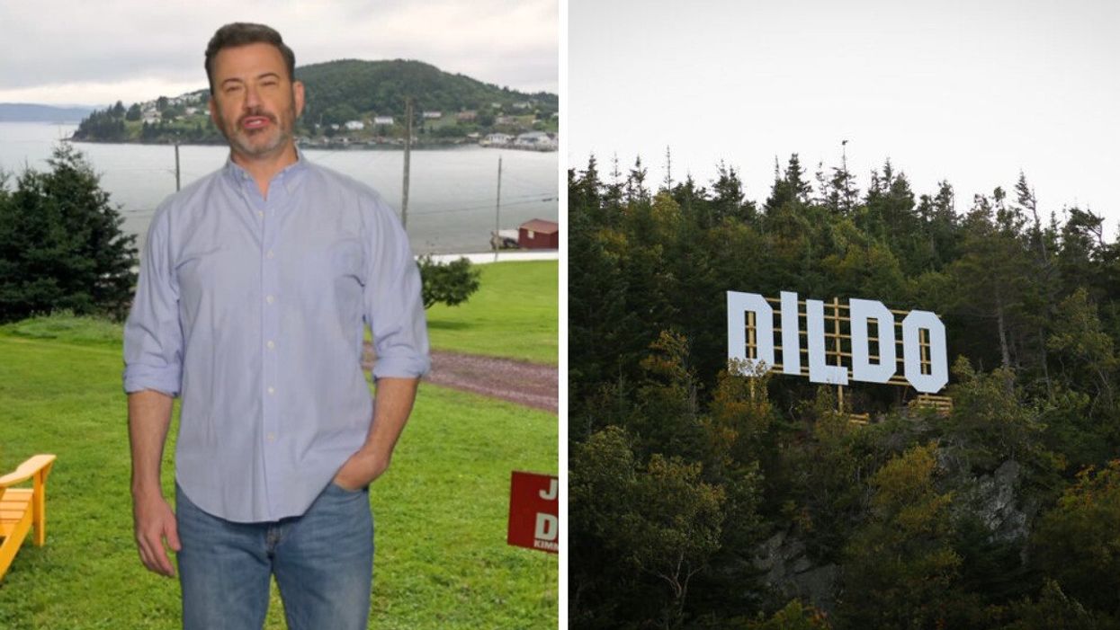 Jimmy Kimmel with grass, water, a yellow chair and houses behind him. Right: A Dildo sigh in the trees.