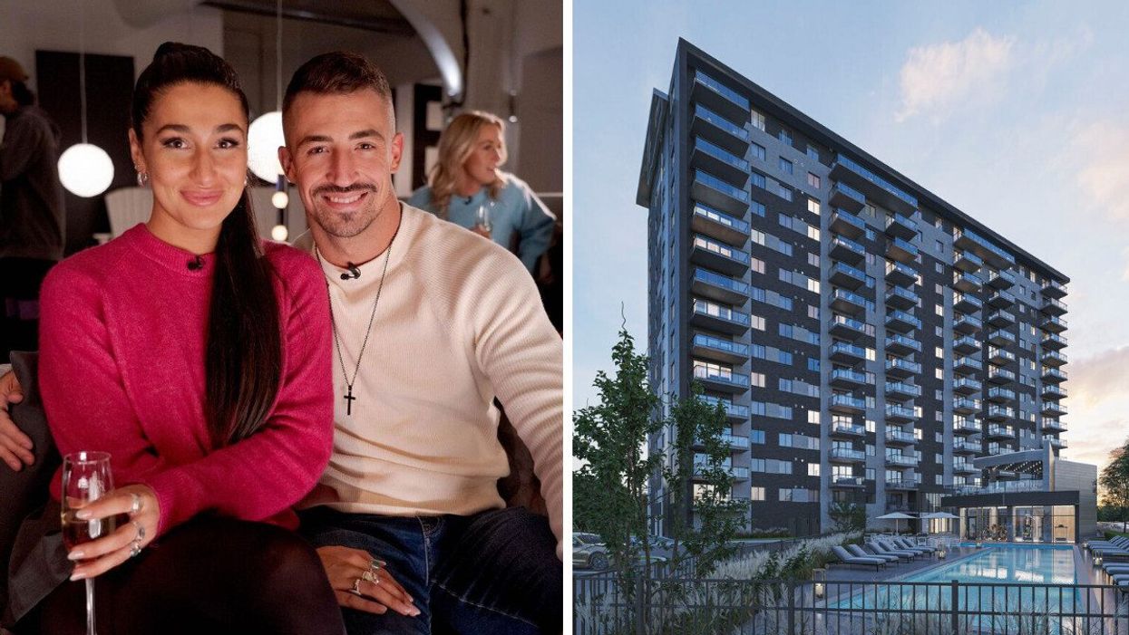 Jimy Levesque et Claudia Dimopoulos Béland d'Occupation Double. Droite : Condo SKYBLü Cité Mirabel.