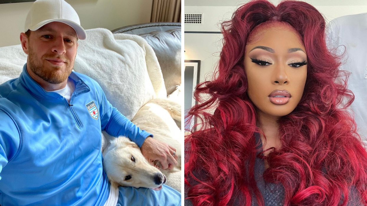 JJ Watt in a blue jacket next to his dog. Right: Megan Thee Stallion in a black top.