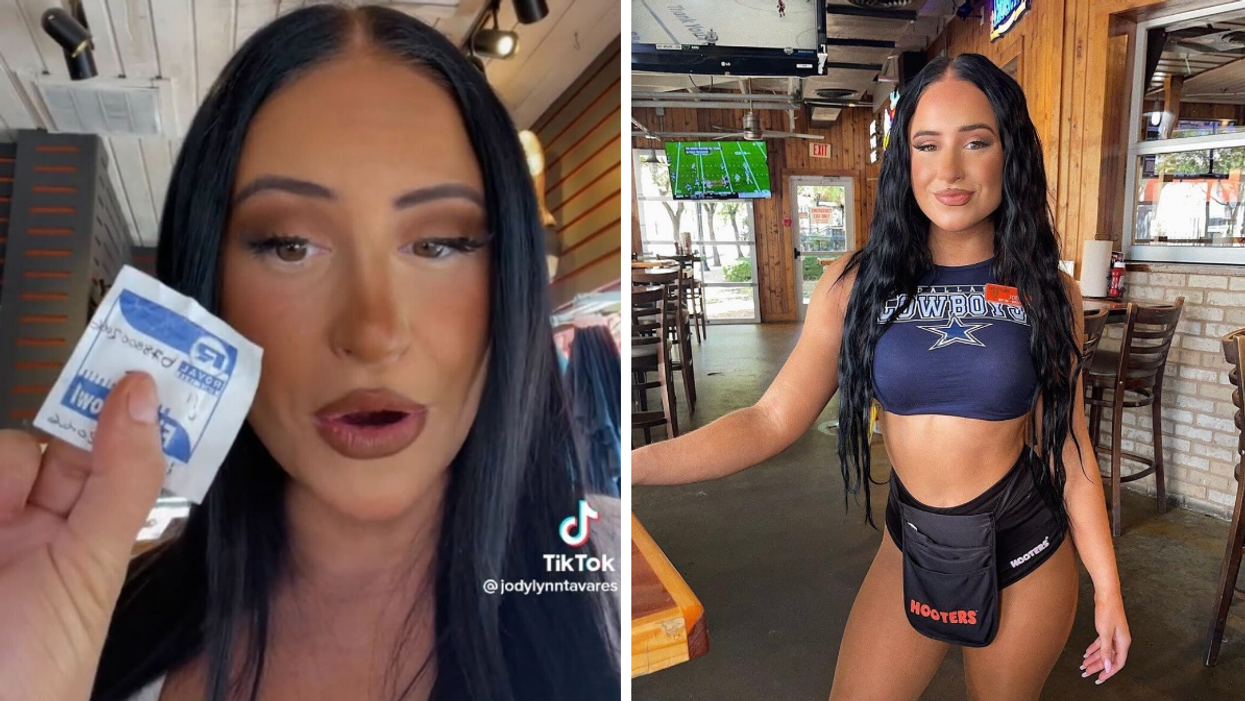 Jodylynn Tavares holding the phone number she received. Right: Tavares in a Dallas Cowboys outfit while working at a Hooters in Dallas, TX.