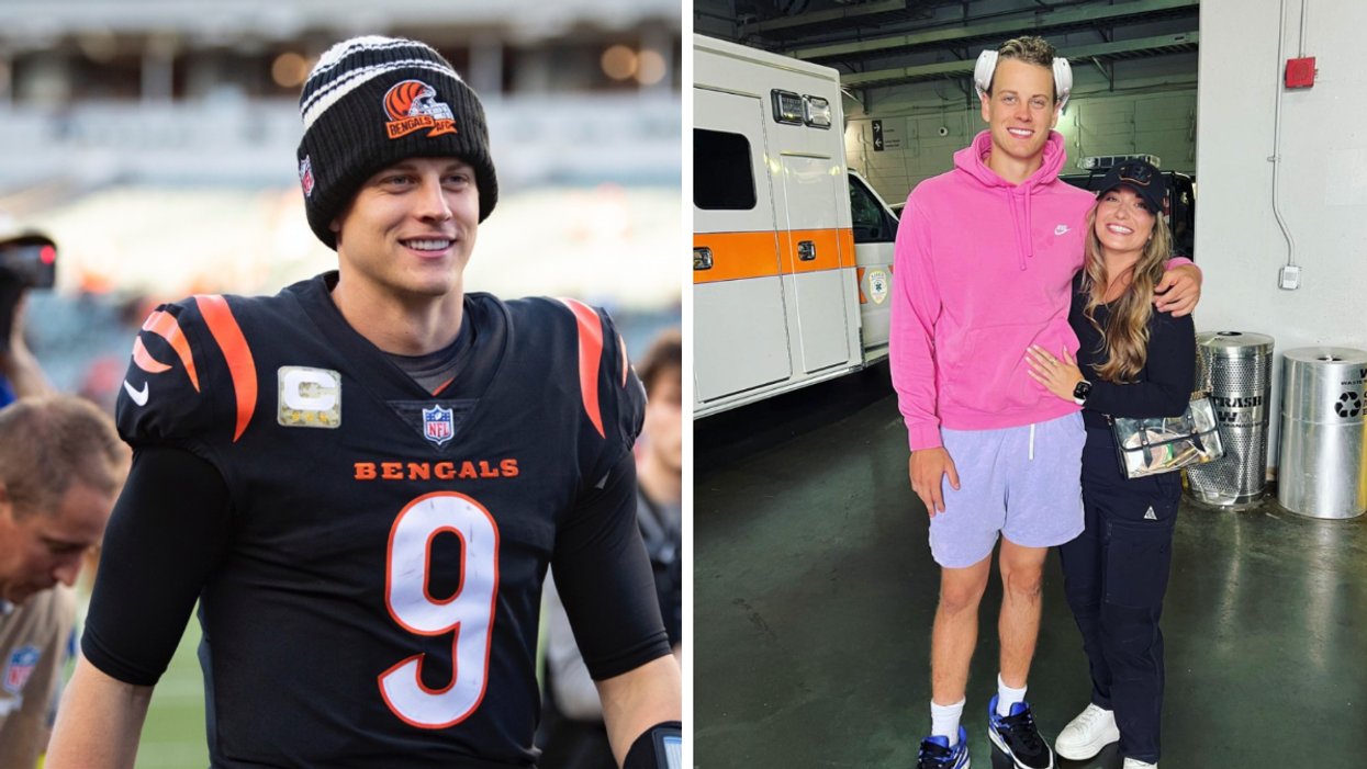 Joe Burrow in a Bengals jersey. Right: Joe Burrow and Olivia Holzmacher.