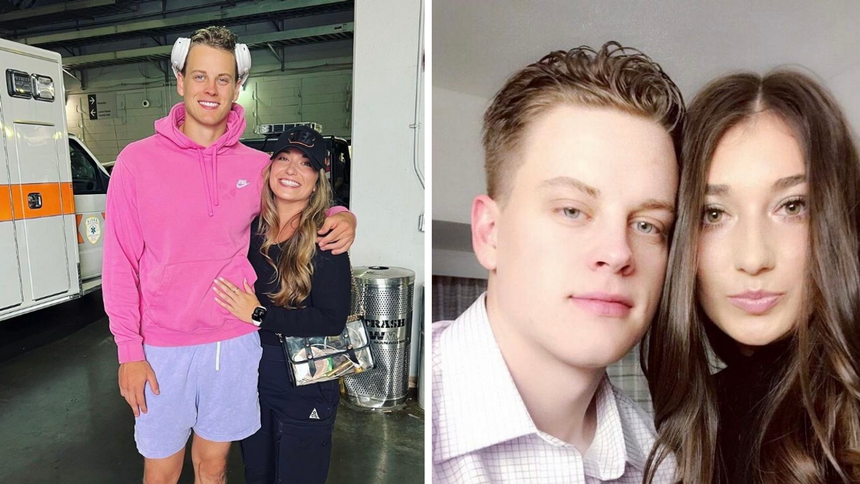 Joe Burrow in a pink sweatshirt, gray shorts and Olivia Holzmacher in a black outfit and hat. Right: Burrow and Holzmacher in a selfie.