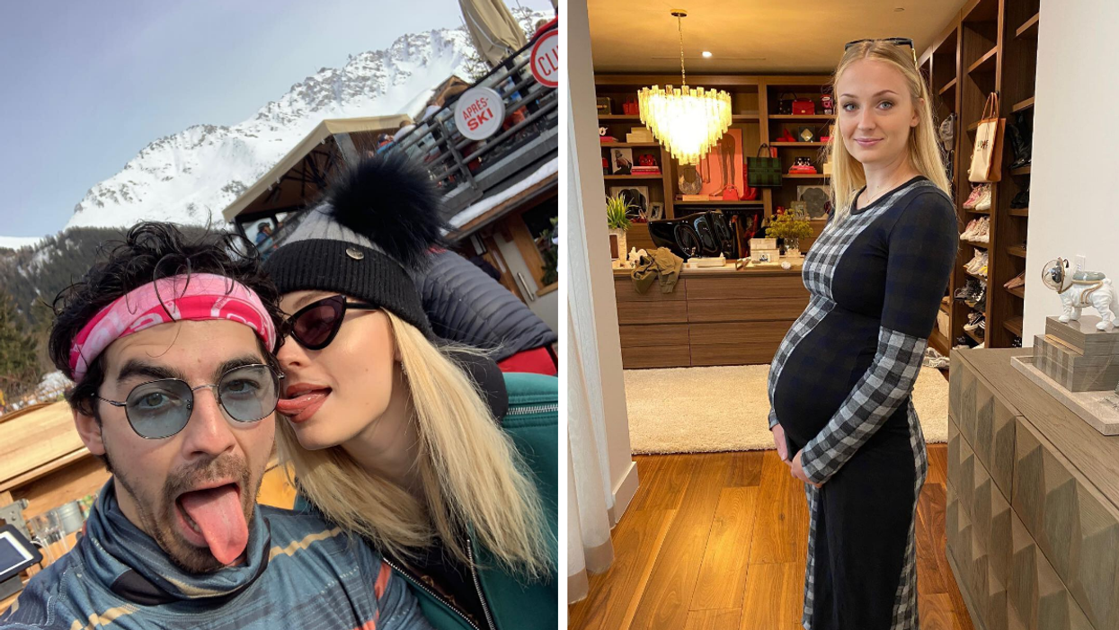 Joe Jonas and Sophie Turner take a picture in the mountains. Right: Sophie Turner pregnant.
