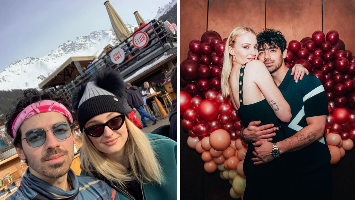 Joe Jonas and Sophie Turner with ski attire. Right: Sophie Turner and Joe Jonas hugging.