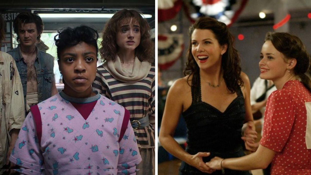 Joe Keery, Priah Ferguson and Natalia Dyer in ‘Stranger Things.’ Right: Lauren Graham and Alexis Bledel in ‘Gilmore Girls.’