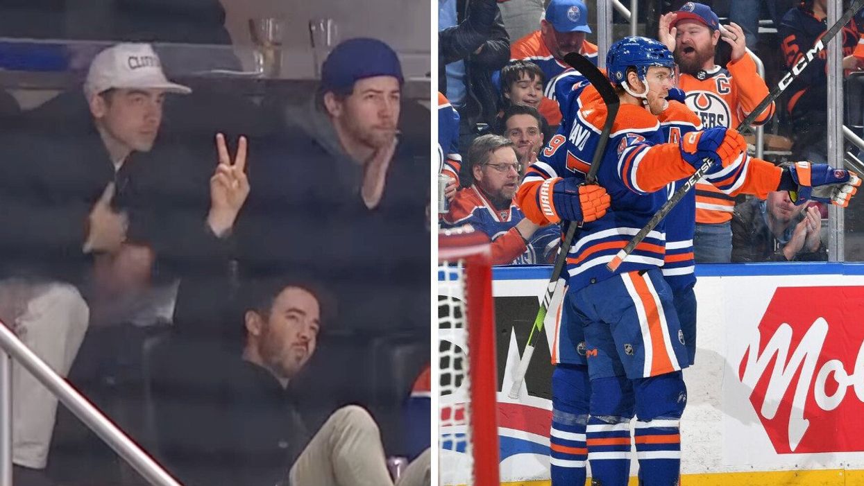 Joe, Kevin and Nick Jonas at an Edmonton Oilers game. Right: Connor McDavid hugging a teammate at an Edmonton Oilers game.