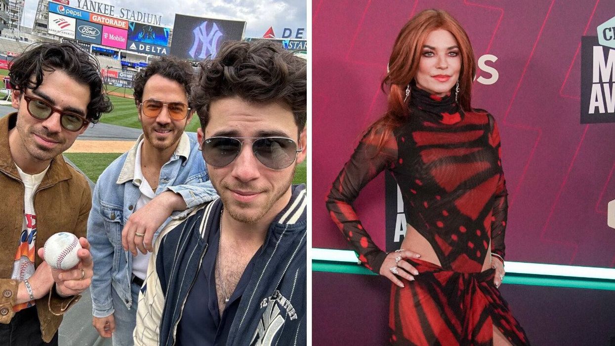 Joe, Kevin and Nick Jonas. Right: Shania Twain at the 2023 CMT Music Awards in Austin, Texas.