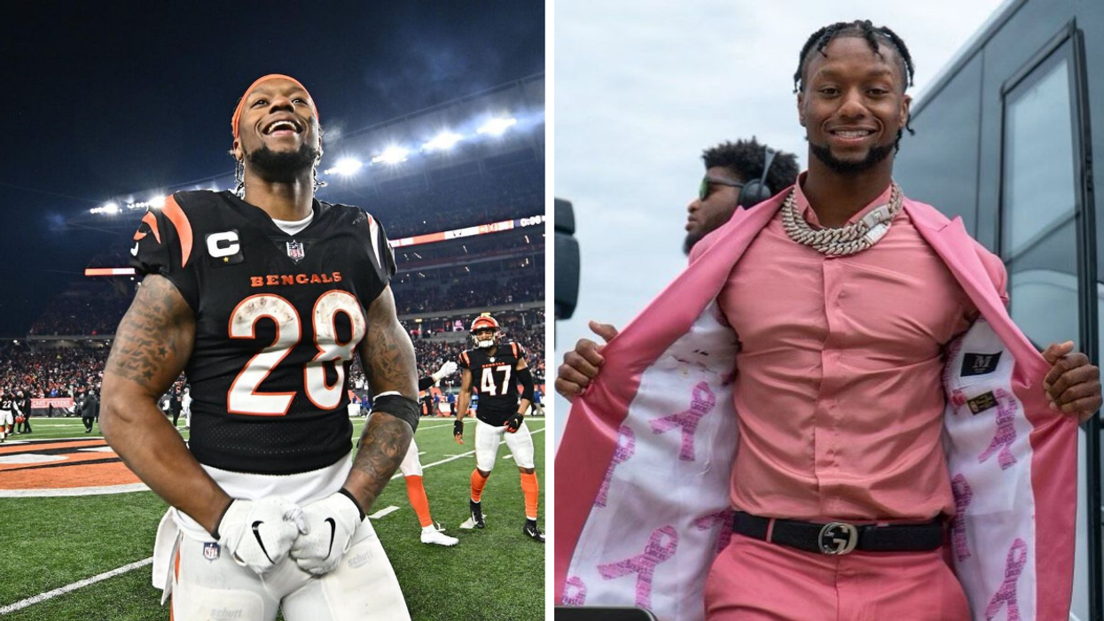 Joe Mixon on the field. Right: Joe Mixon in a pink suit.