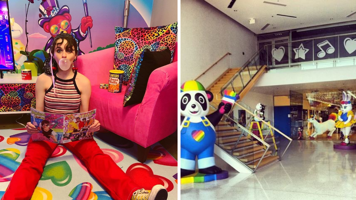 Joey King poses with a magazine in a Lisa Frank-accented room. Right: An old photo of the Lisa Frank factory in Tucson.