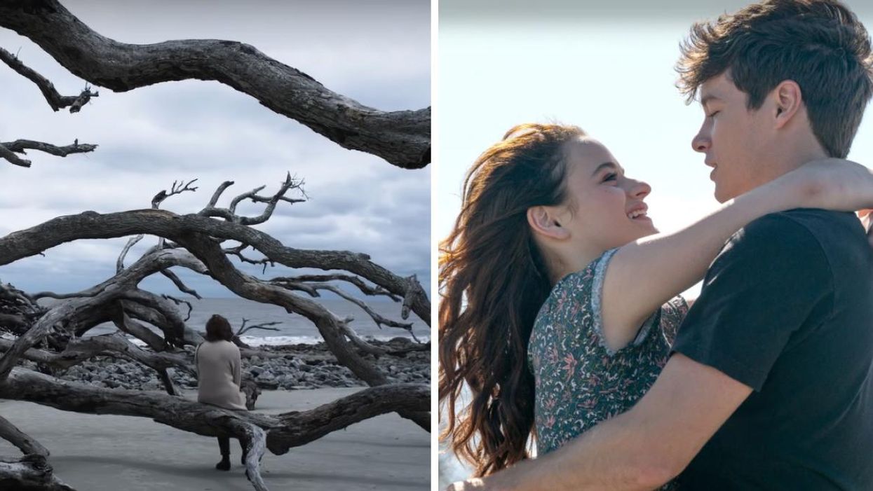 Joey King sits on a tree at Driftwood Beach. Right: Joey King and Kyle Allen on Driftwood Beach.