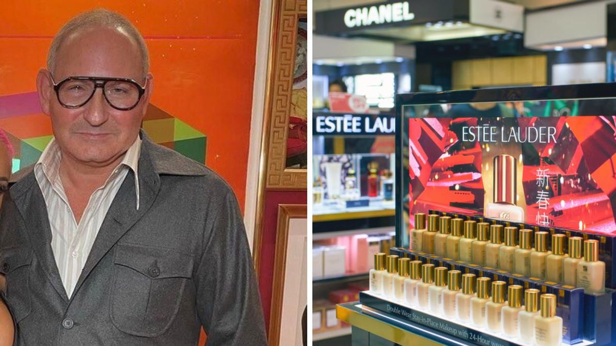 John Demsey in a photo from his Instagram. Right: Estee lauder beauty stand