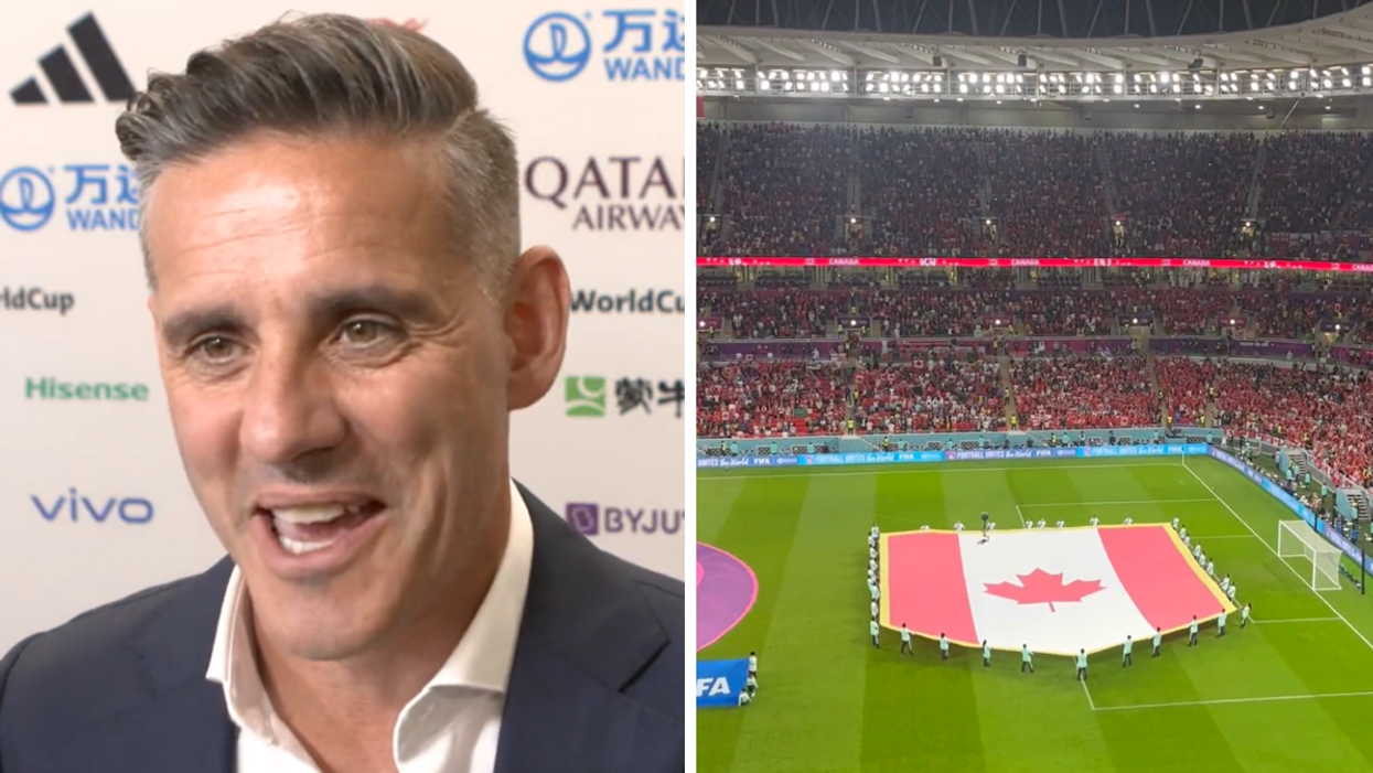 John Herdman. Right: The Canadian flag at the 2022 FIFA World Cup.