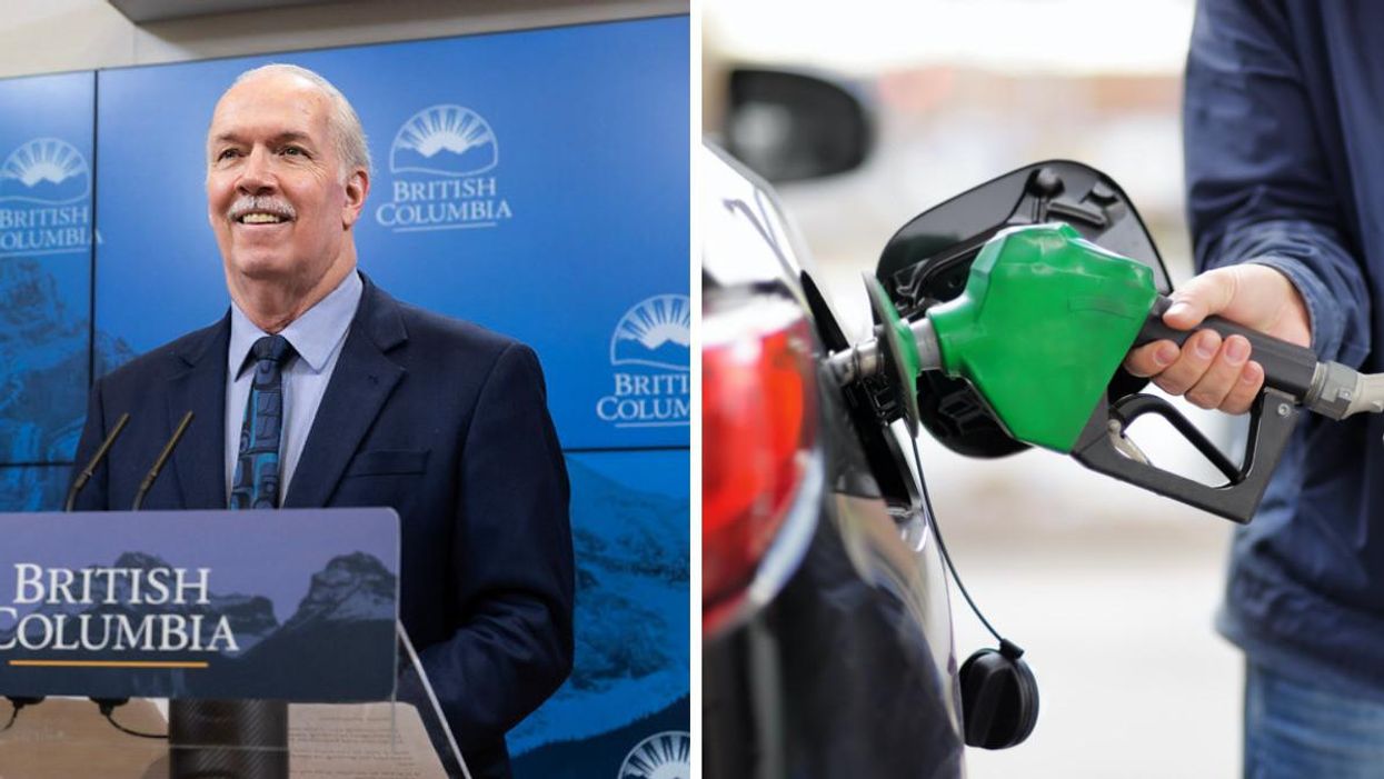 John Horgan speaking at a press conference. Right: Someone pumping gas.