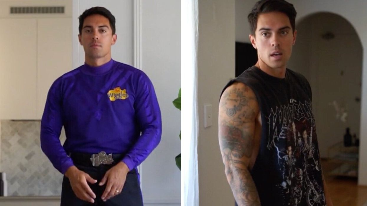 John in his Wiggles outfit. Right: The Purple Wiggle in one of his TikTok videos.