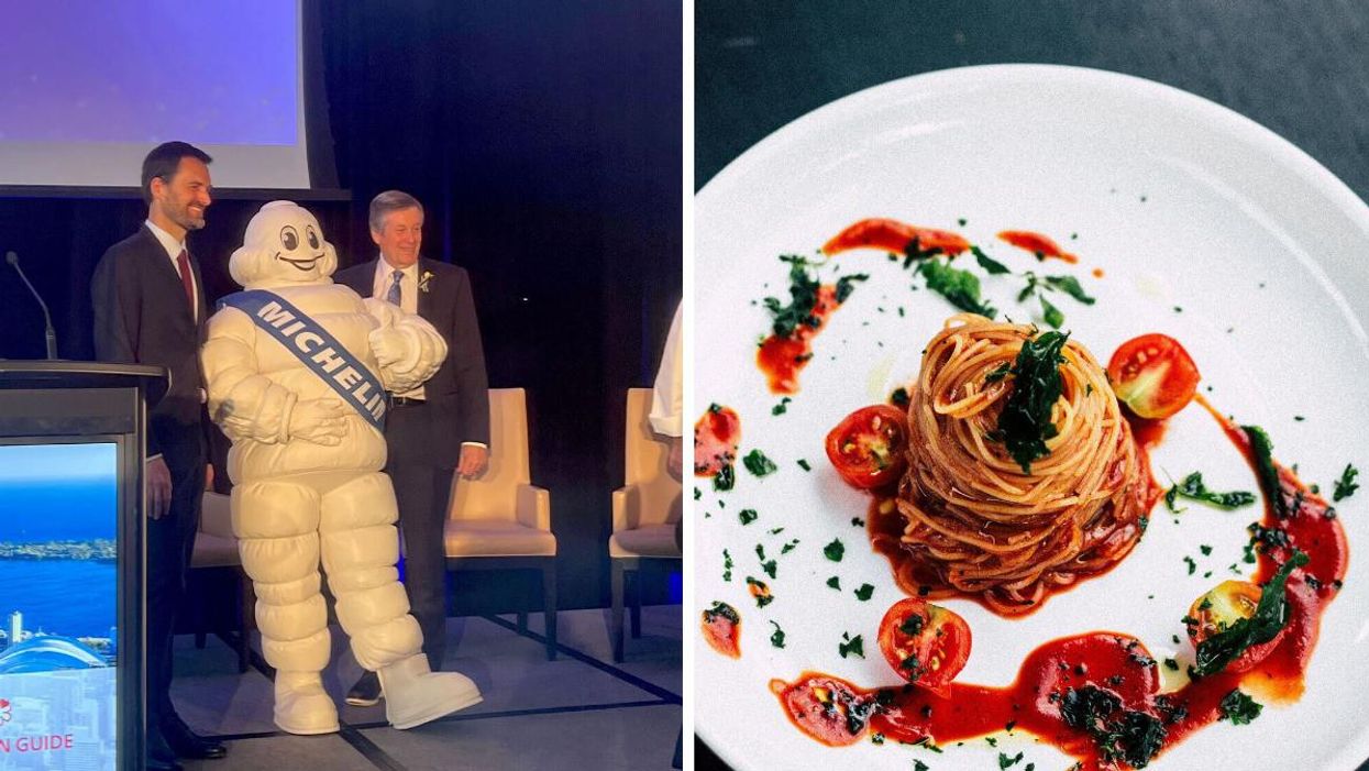 John Tory at Michelin announcement. Right: Plate of food.