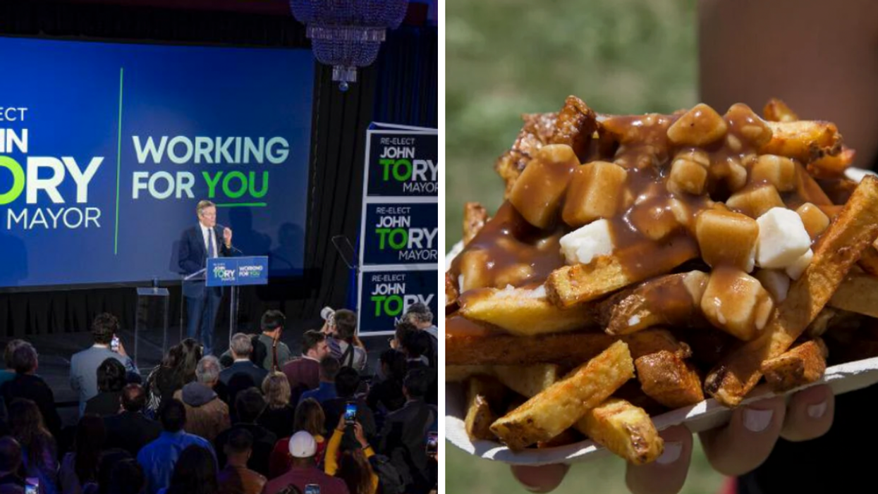 John Tory celebrating his third mayoral victory. Right: A container of poutine.