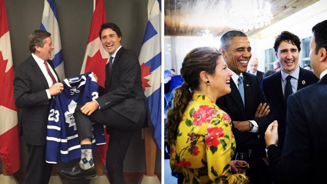 John Tory gifting Justin Trudeau a Toronto Maple Leafs jersey. Right: Trudeau and former U.S. President Barack Obama laughing