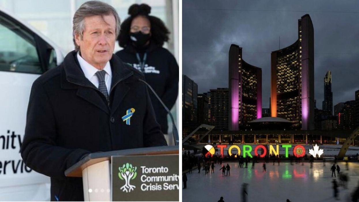 John Tory giving a speech. Right: The Toronto sign at Nathan Philips Square.