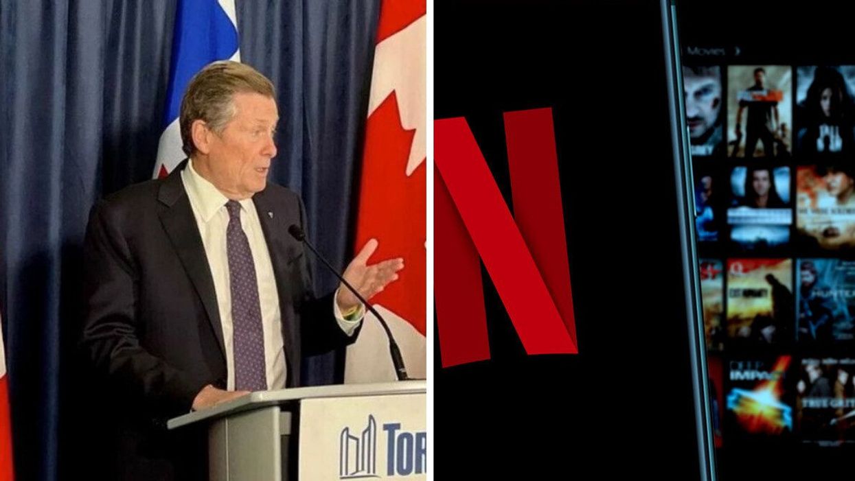 John Tory press conference. Right: Netflix logo on smartphone.