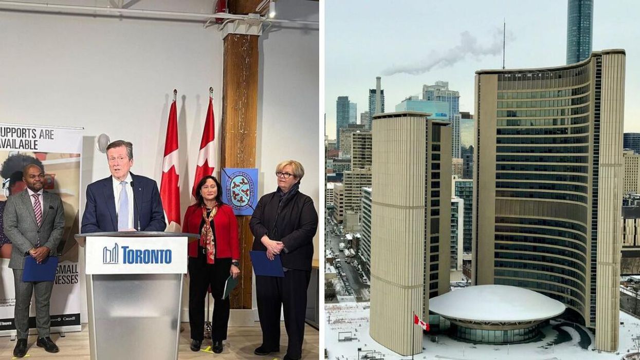 John Tory standing at a podium with a Toronto sign on it. Right: Toronto City Hall in the winter.