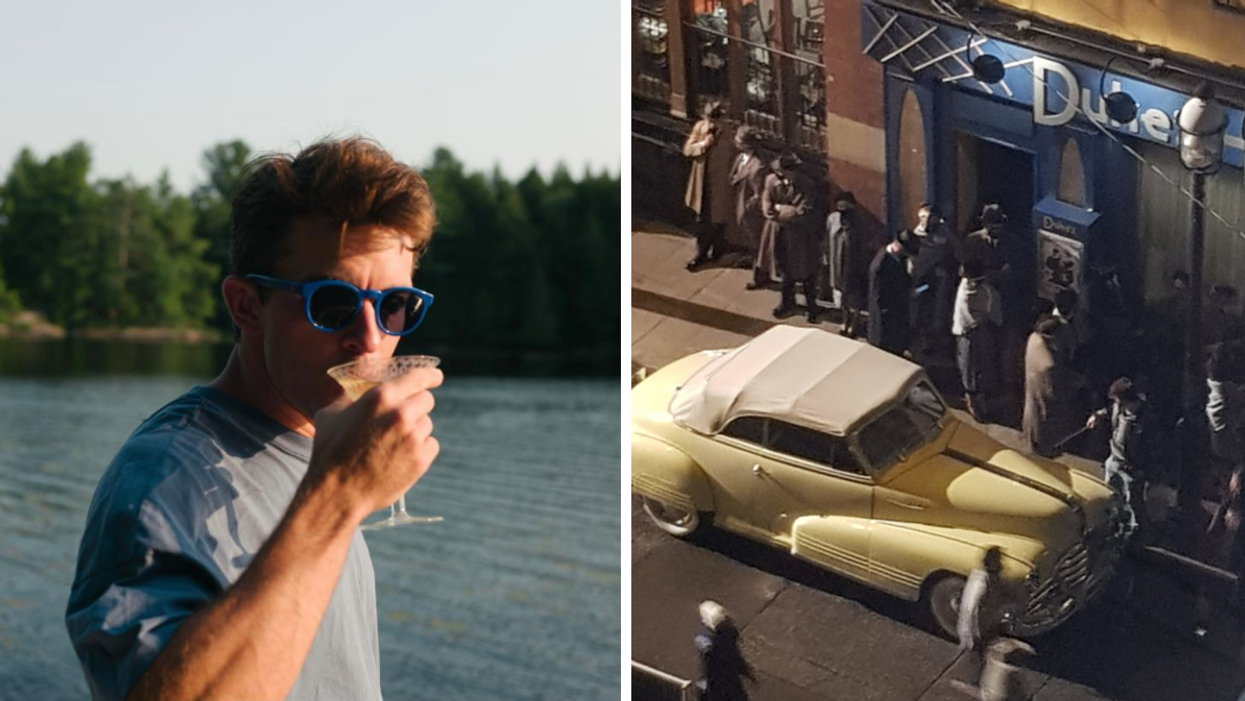Johnathan Bailey. Right: Set of 'Fellow Travelers' in Toronto.