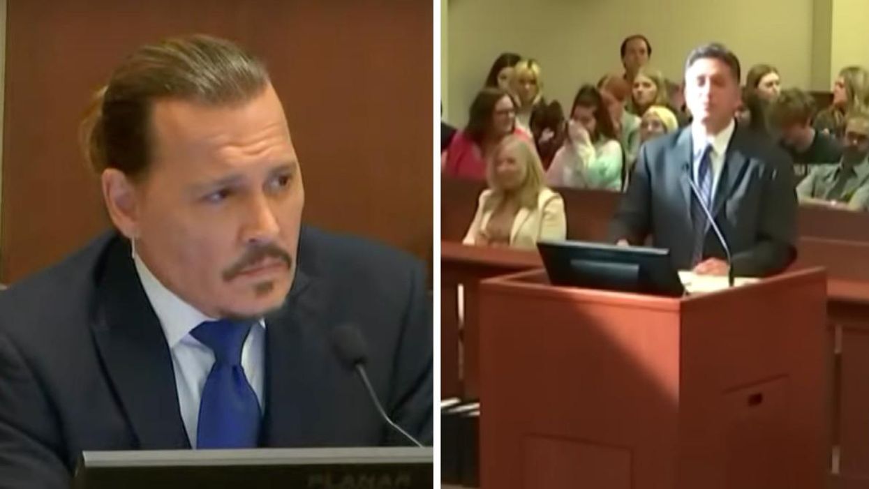 Johnny Depp at his defamation trial. Right: Amber Heard's lawyer Adam Nadelhaft*.