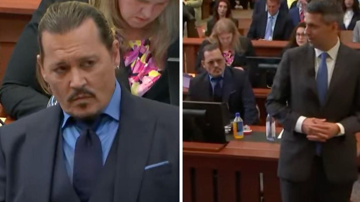 Johnny Depp in court. Right: Johnny depp looking at Amber Heard's lawyer Ben Rottenborn.