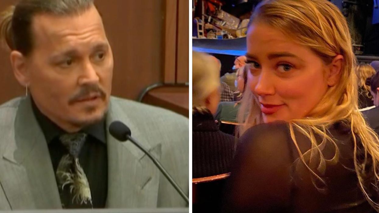 Johnny Depp testifying against Amber Heard at their defamation trial. Right: Amber Heard.