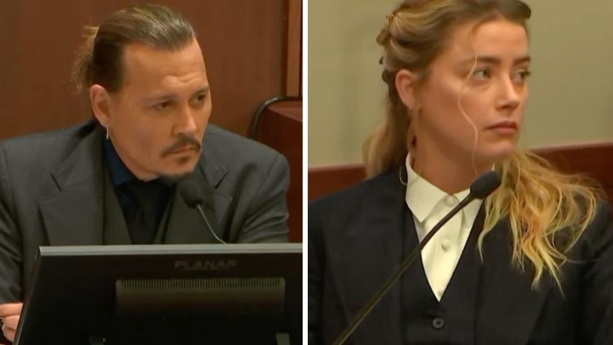 Johnny Depp testifying in court. Right: Amber Heard in court at their defamation trial.