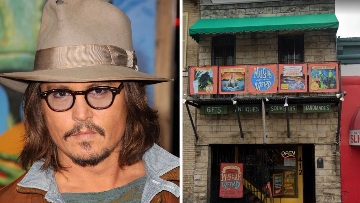 Johnny Depp wearing glasses and a hat. Right: The exterior of the building where Depp lived in the early 90s.