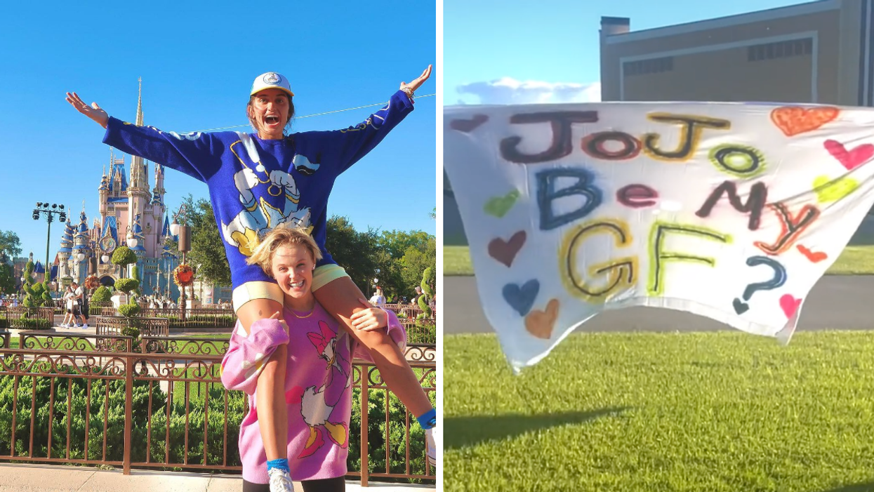 JoJo Siwa and Avery Cyrus in front of Cinderella's castle. Right: The sign Avery Cyrus made her.