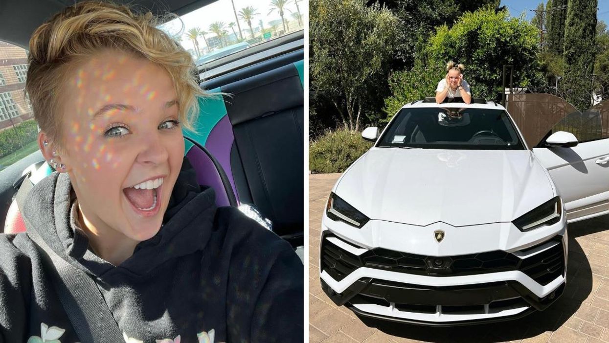 Jojo Siwa smiling for a selfie. Right: Jojo Siwa with a Lamborghini.