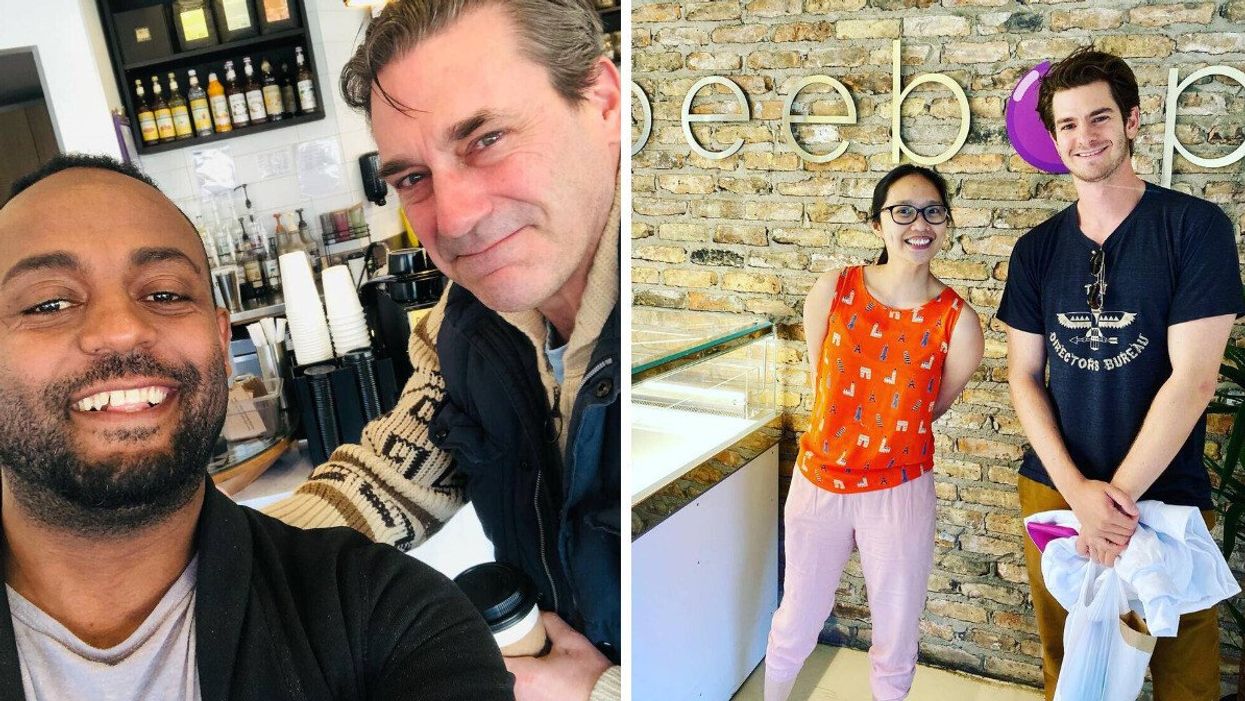Jon Hamm at Aggüdo Coffee. Right: Andrew Garfield at Beebop Doughnut