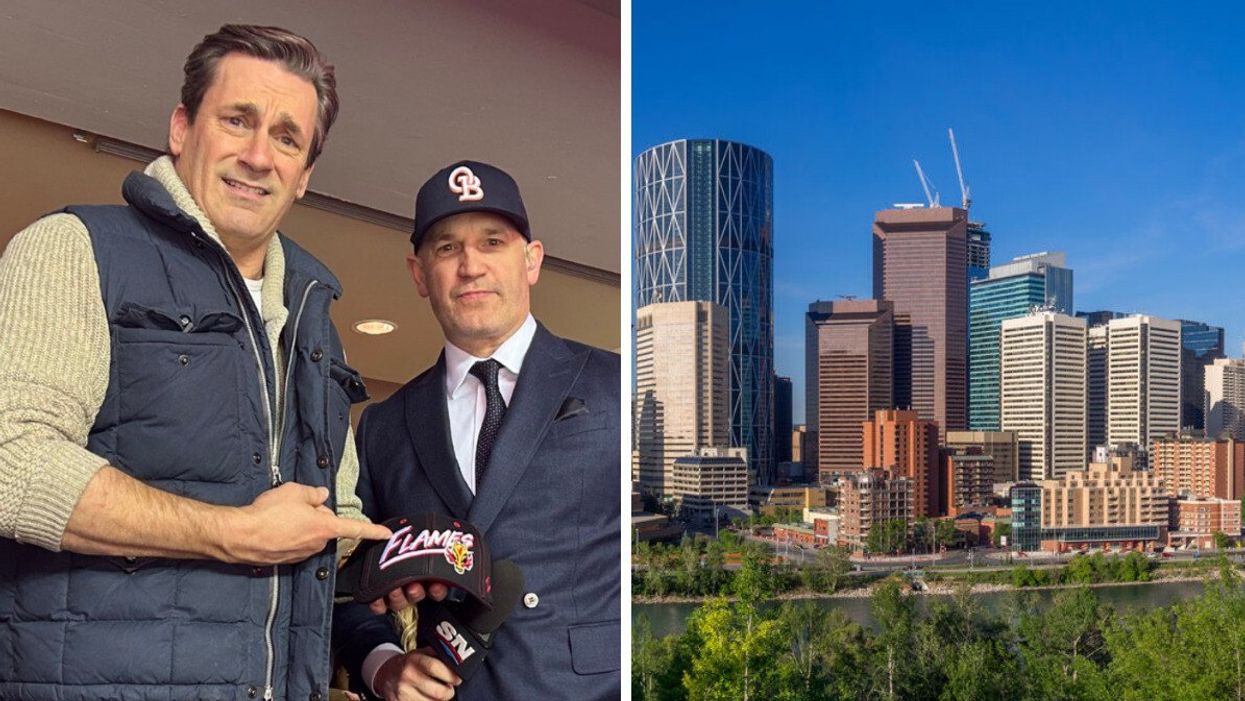 Jon Hamm with SportsNet host Ryan Leslie. Right: Calgary