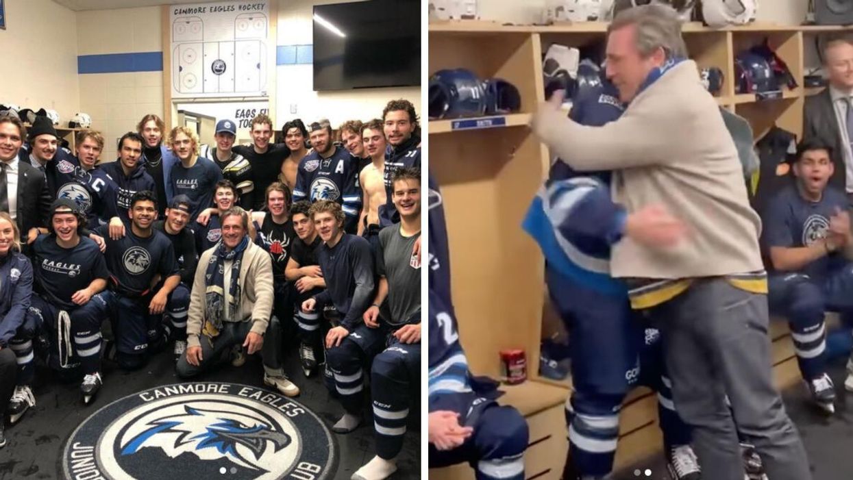 Jon Hamm with the Canmore Eagles. Right: Jon Hamm hugging a Canmore Eagles player.
