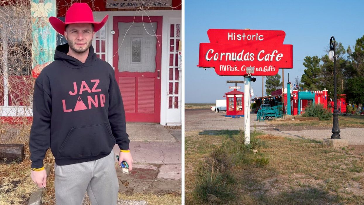 Jon Jasniak in Cornudas, TX. Right: The historic Cornudas Cafe.