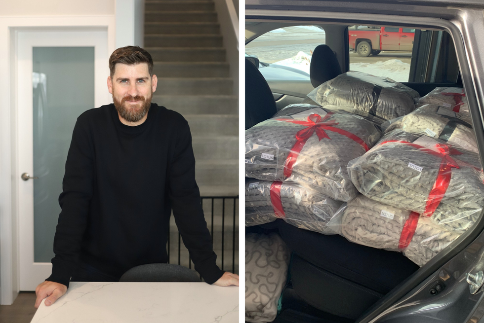 Jon Piett, LOTUS Sleep Products founder, smiles at the camera while resting both hands on a while countertop. Right: The back seat of a small sedan loaded with piles of LOTUS weighted blankets wrapped in plastic for delivery.