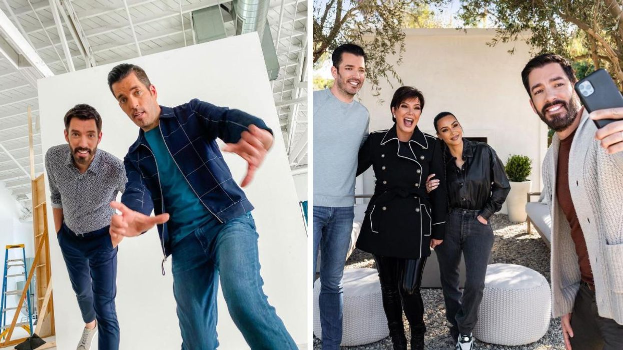 Jonathan and Drew Scott. Right: The hosts of 'Property Brothers' with Kim and Kris Kardashian.