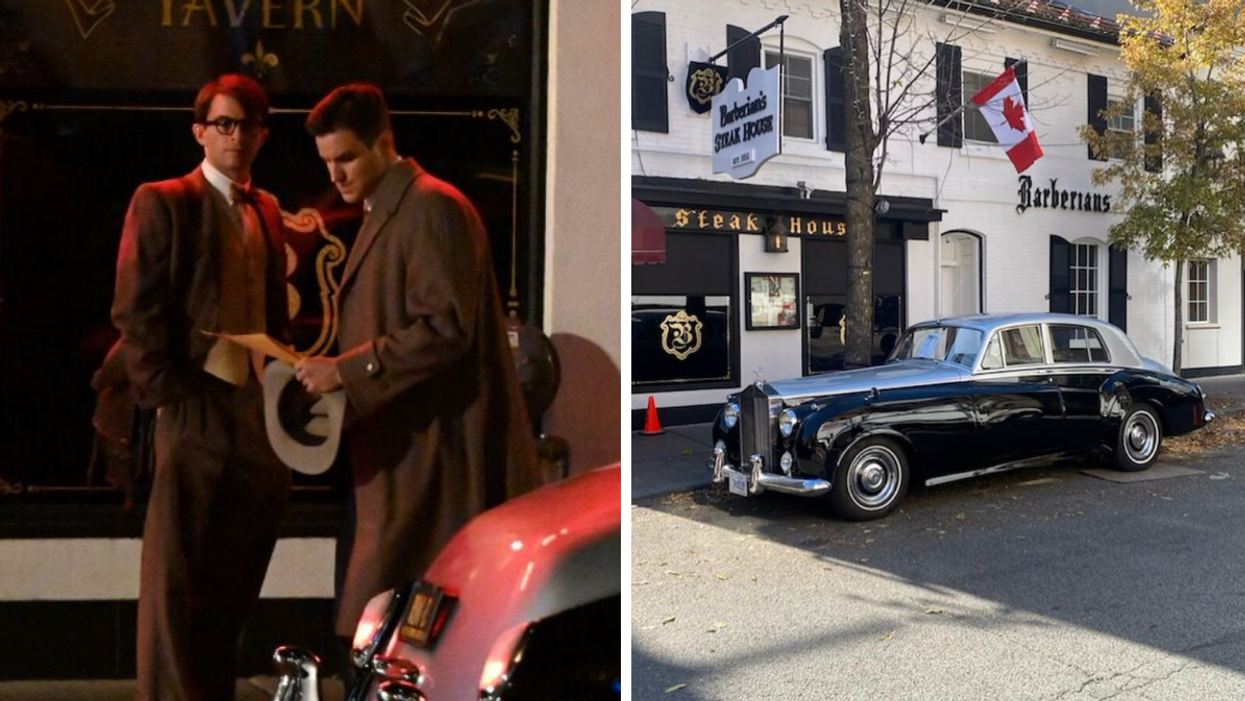 Jonathan Bailey and his co-star on set for 'Fellow Travelers'. Right: Old fashioned car parked outside of Barbarian's Steak House.