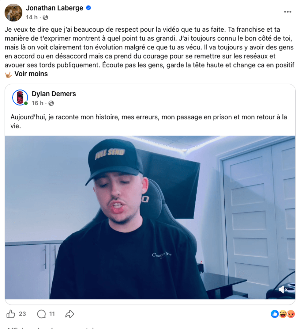 Jonathan Laberge partage la vid\u00e9o de son ami Dylan Demers sur Facebook.